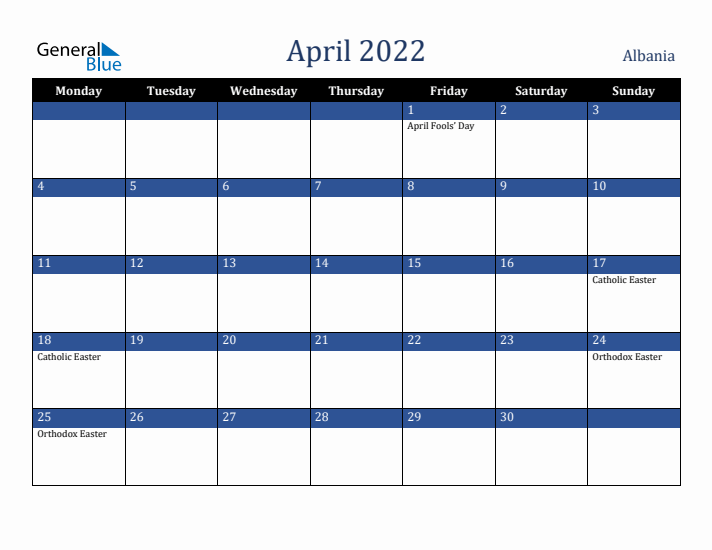 April 2022 Albania Calendar (Monday Start)