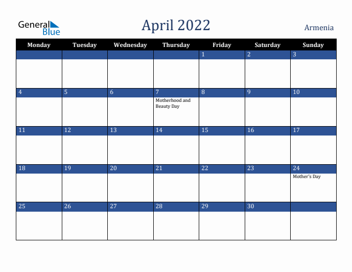 April 2022 Armenia Calendar (Monday Start)