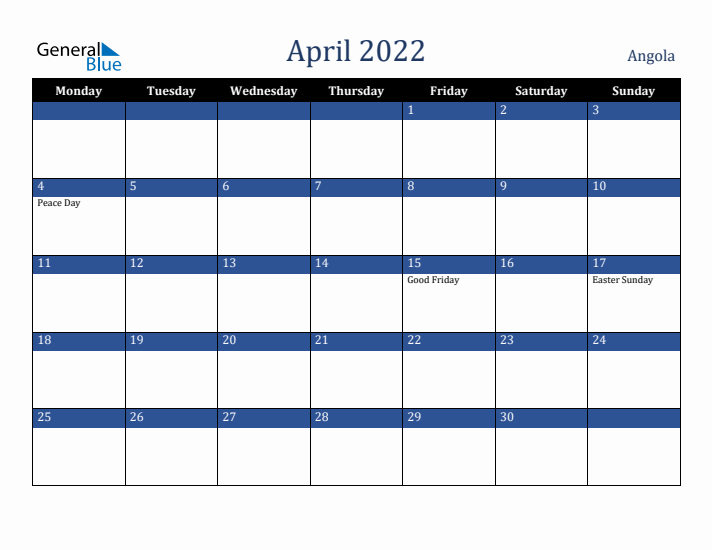 April 2022 Angola Calendar (Monday Start)