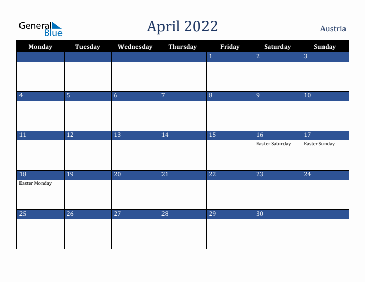April 2022 Austria Calendar (Monday Start)