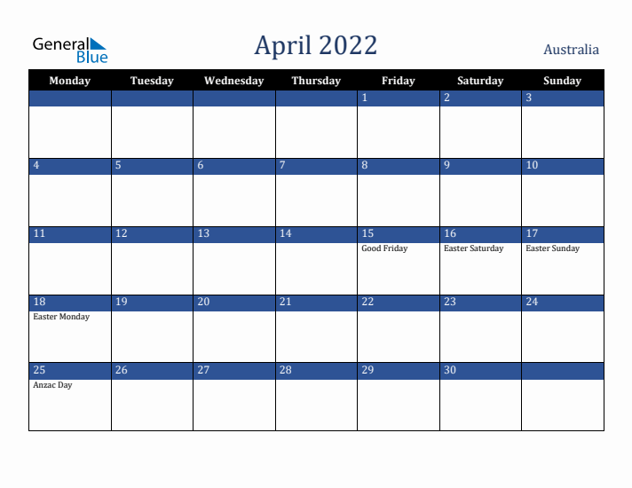 April 2022 Australia Calendar (Monday Start)