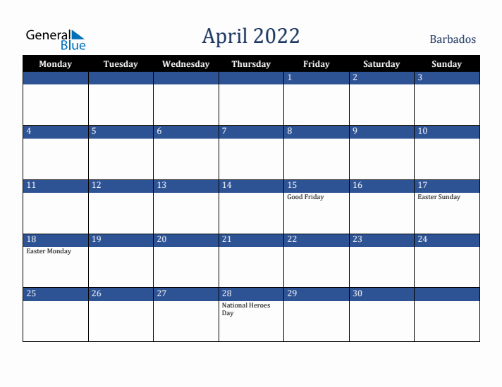 April 2022 Barbados Calendar (Monday Start)