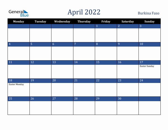 April 2022 Burkina Faso Calendar (Monday Start)