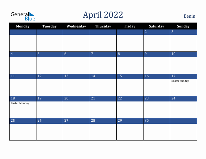 April 2022 Benin Calendar (Monday Start)