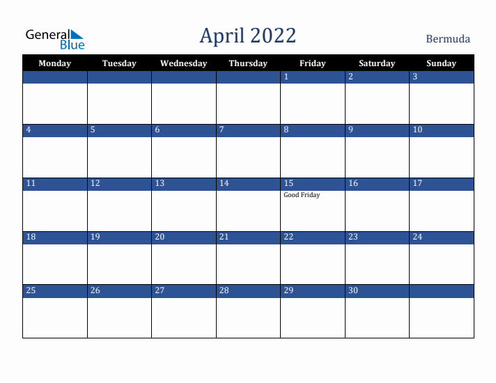 April 2022 Bermuda Calendar (Monday Start)