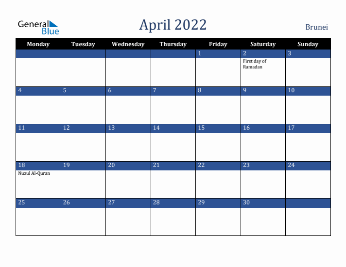 April 2022 Brunei Calendar (Monday Start)