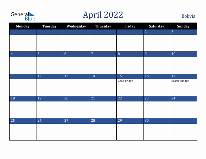 April 2022 Bolivia Calendar (Monday Start)