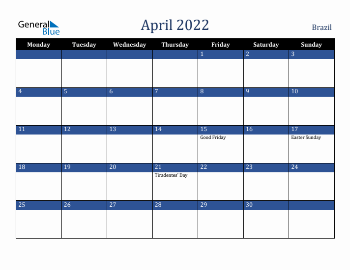 April 2022 Brazil Calendar (Monday Start)