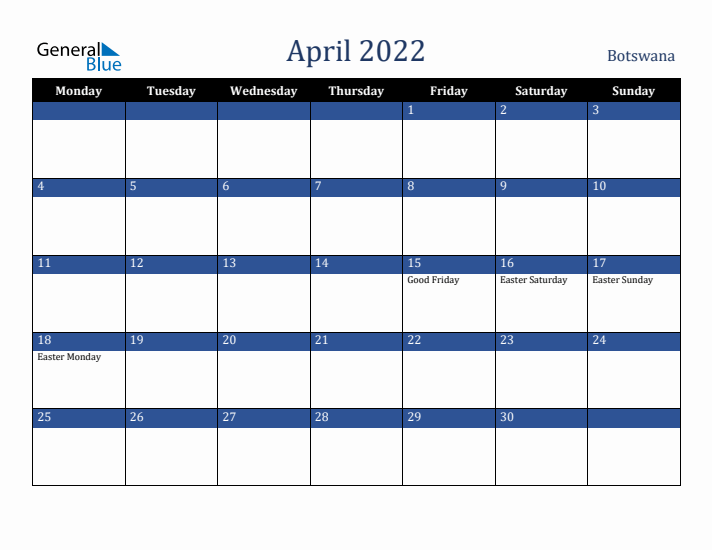 April 2022 Botswana Calendar (Monday Start)