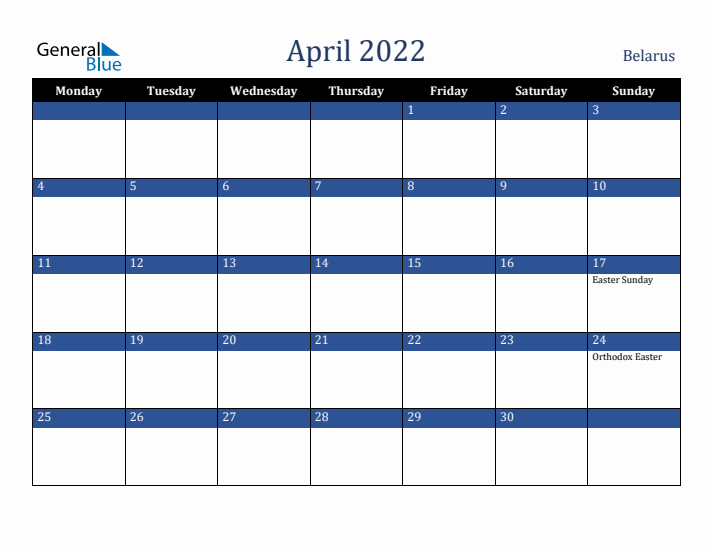 April 2022 Belarus Calendar (Monday Start)