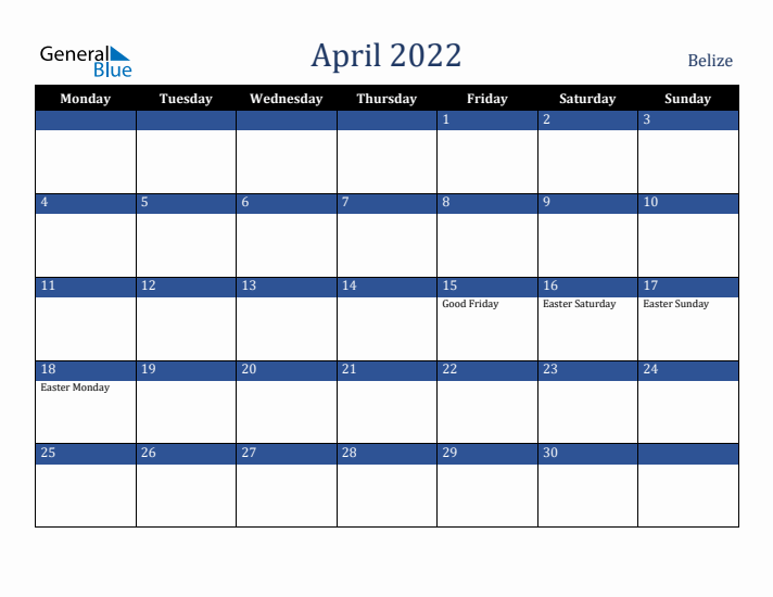 April 2022 Belize Calendar (Monday Start)