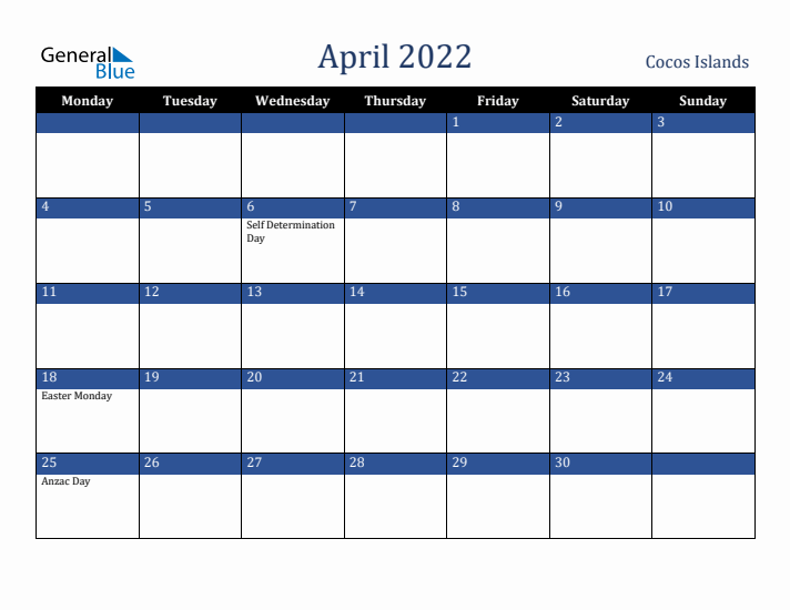 April 2022 Cocos Islands Calendar (Monday Start)