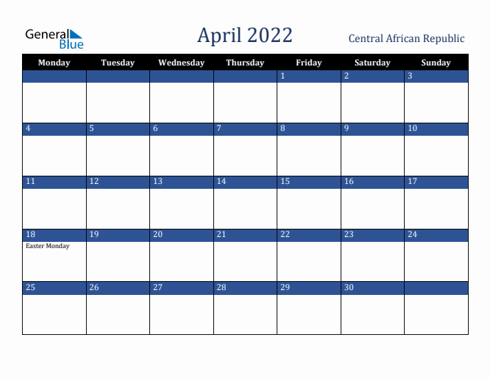 April 2022 Central African Republic Calendar (Monday Start)