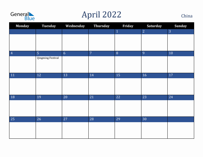 April 2022 China Calendar (Monday Start)