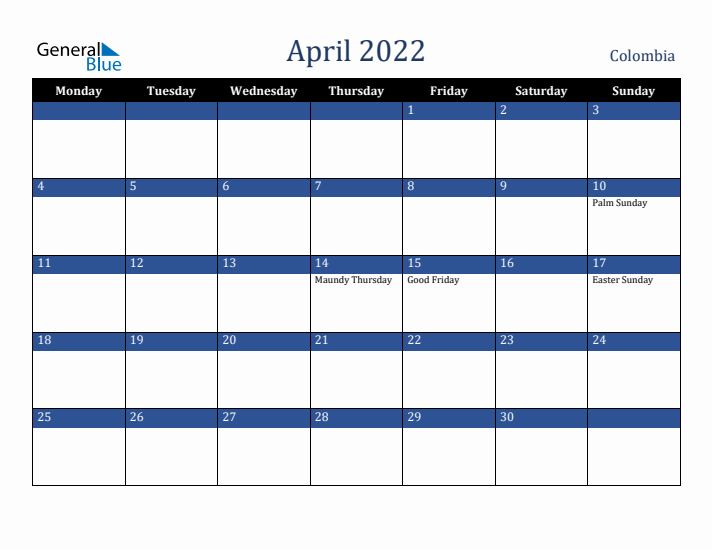 April 2022 Colombia Calendar (Monday Start)