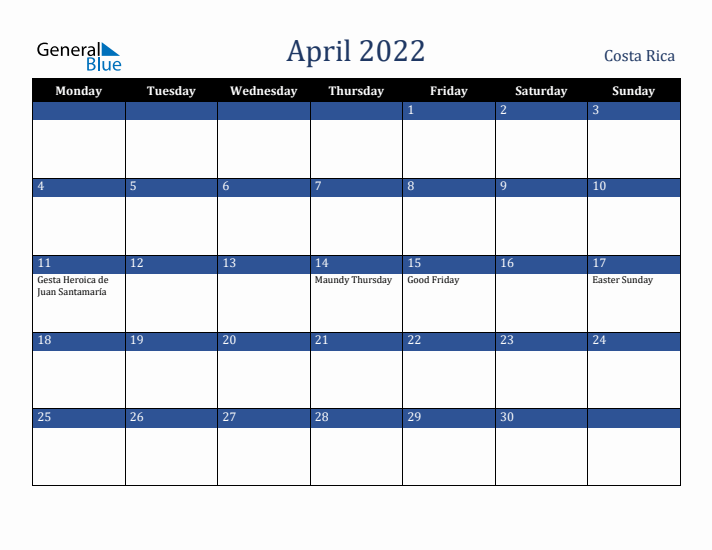April 2022 Costa Rica Calendar (Monday Start)