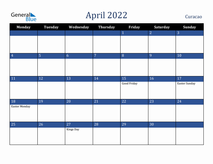April 2022 Curacao Calendar (Monday Start)