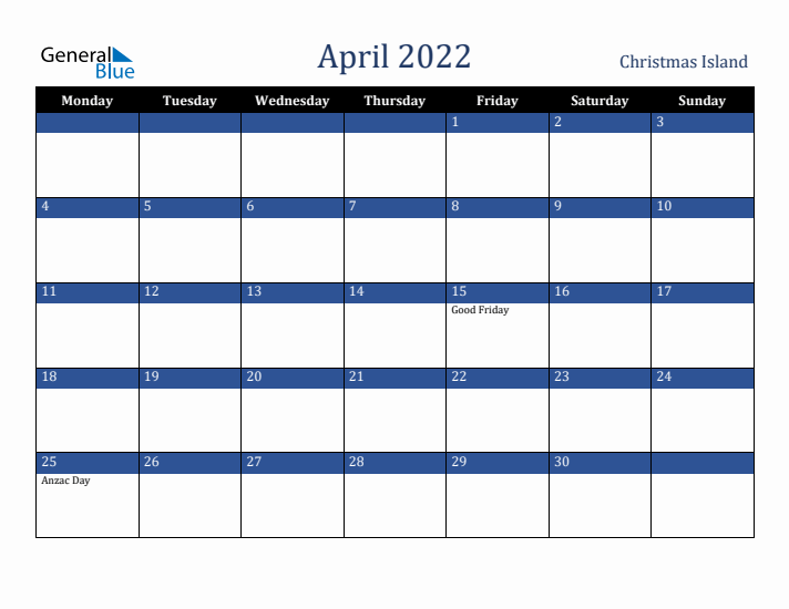 April 2022 Christmas Island Calendar (Monday Start)