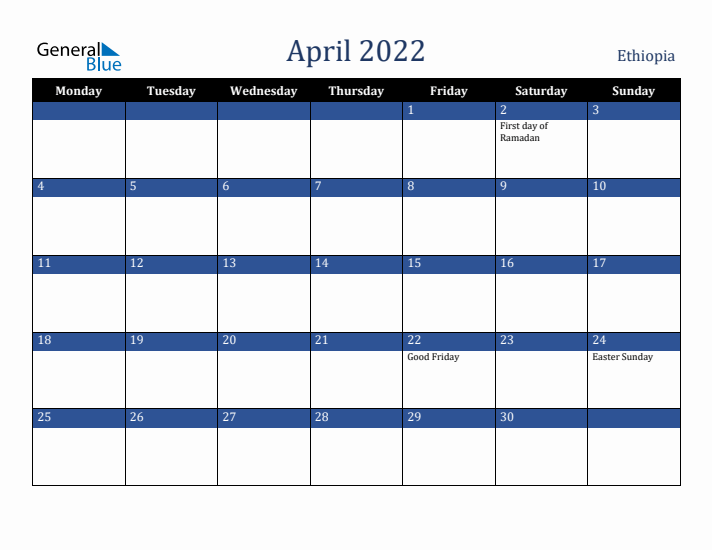 April 2022 Ethiopia Calendar (Monday Start)