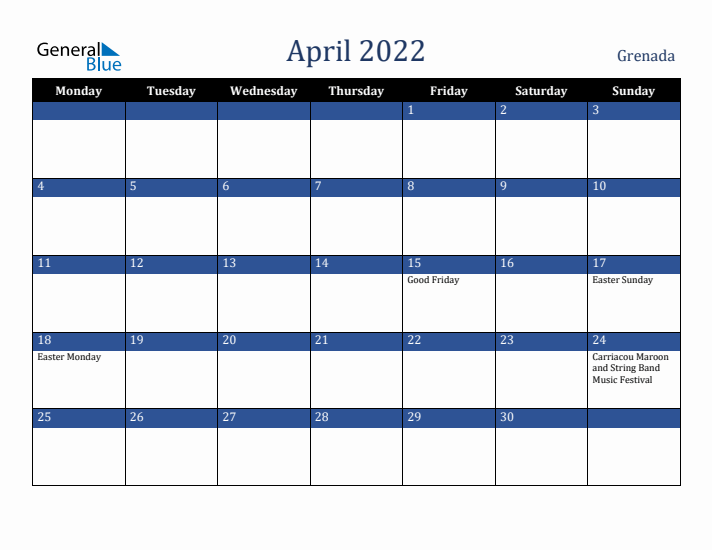 April 2022 Grenada Calendar (Monday Start)