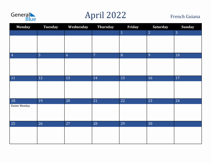 April 2022 French Guiana Calendar (Monday Start)