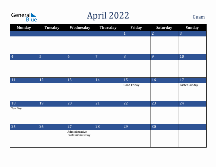 April 2022 Guam Calendar (Monday Start)