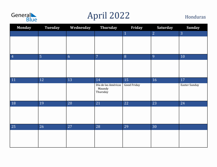 April 2022 Honduras Calendar (Monday Start)