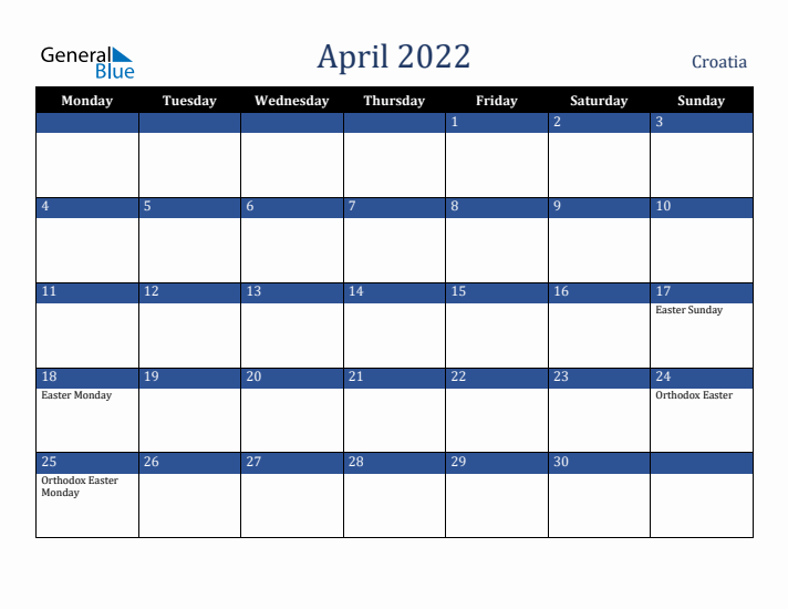April 2022 Croatia Calendar (Monday Start)