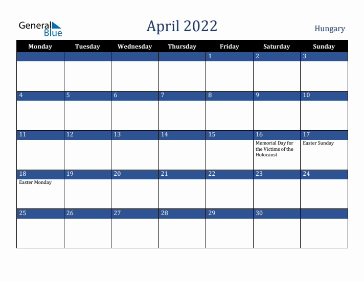 April 2022 Hungary Calendar (Monday Start)