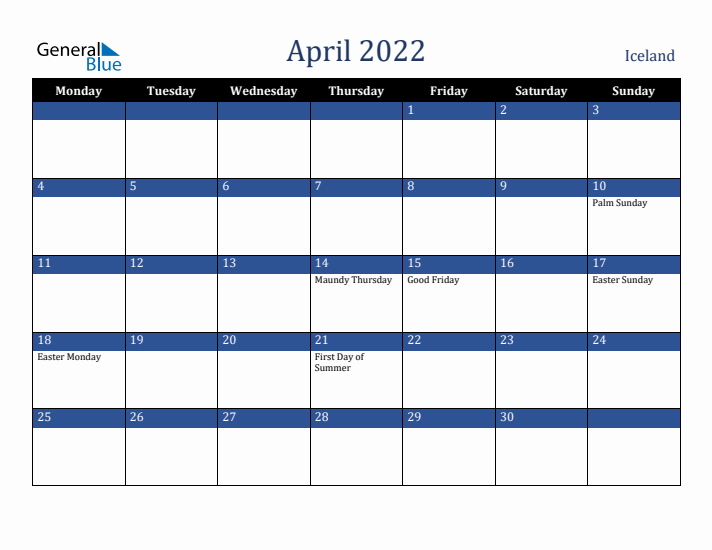 April 2022 Iceland Calendar (Monday Start)