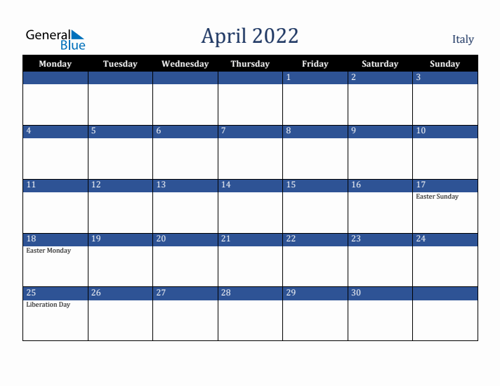 April 2022 Italy Calendar (Monday Start)