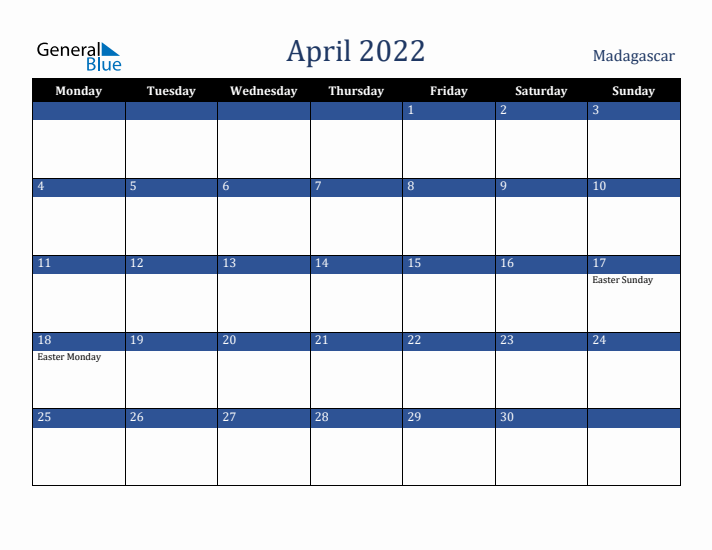 April 2022 Madagascar Calendar (Monday Start)