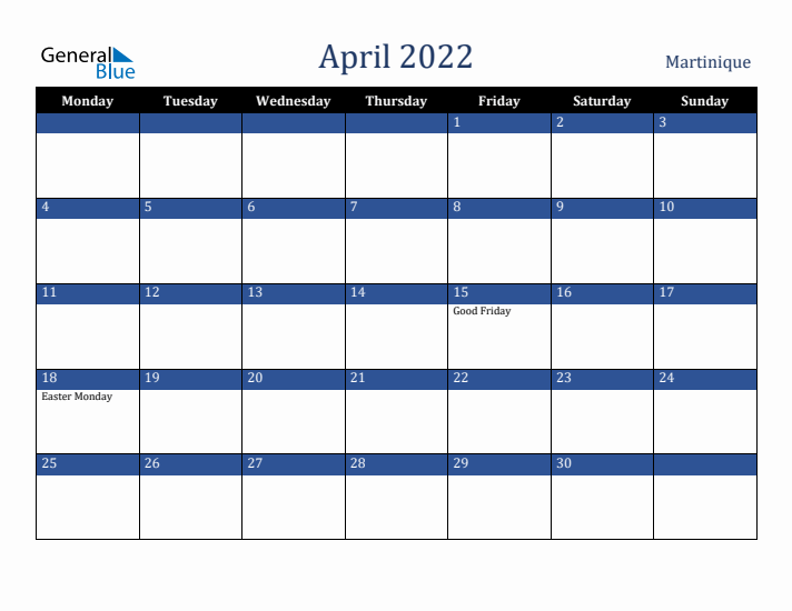 April 2022 Martinique Calendar (Monday Start)