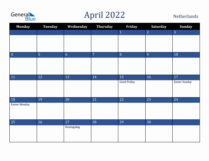 April 2022 The Netherlands Calendar (Monday Start)