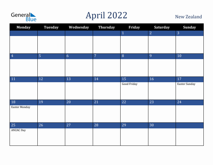 April 2022 New Zealand Calendar (Monday Start)