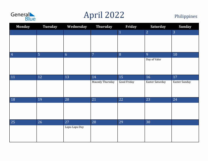 April 2022 Philippines Calendar (Monday Start)