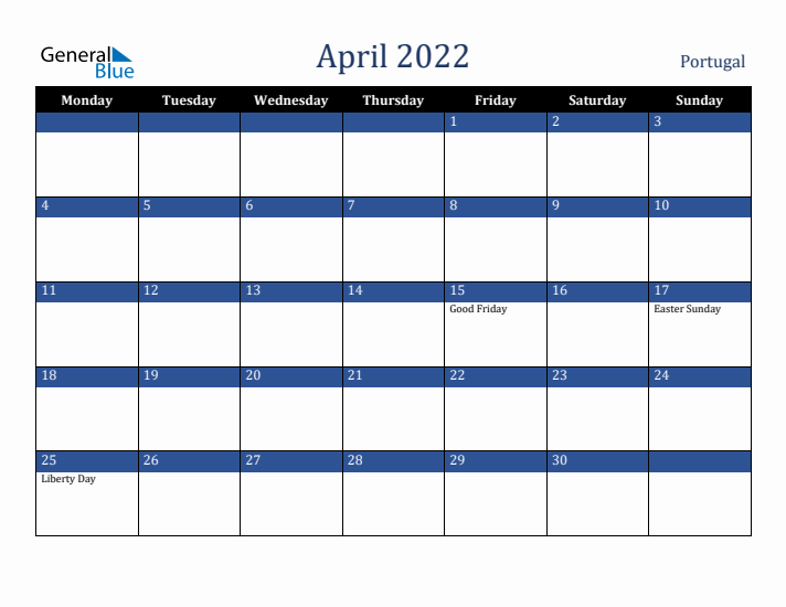 April 2022 Portugal Calendar (Monday Start)