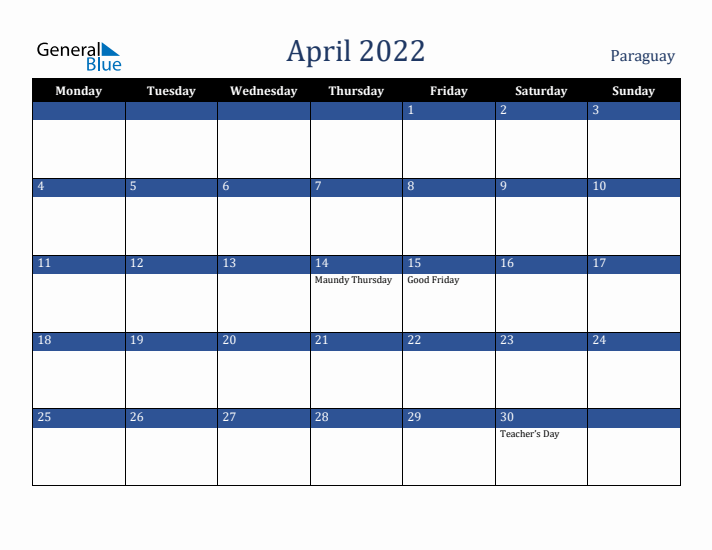 April 2022 Paraguay Calendar (Monday Start)