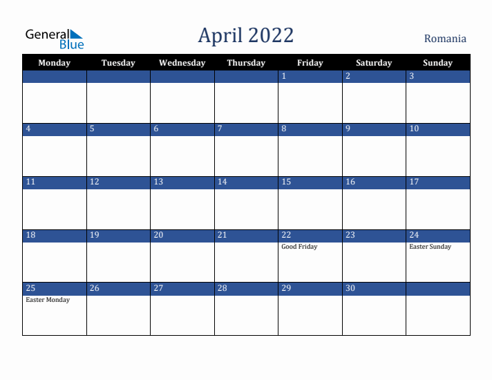 April 2022 Romania Calendar (Monday Start)