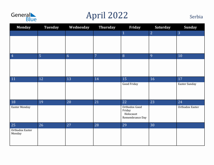 April 2022 Serbia Calendar (Monday Start)