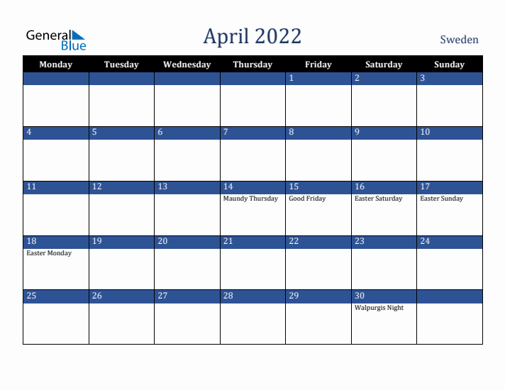 April 2022 Sweden Calendar (Monday Start)