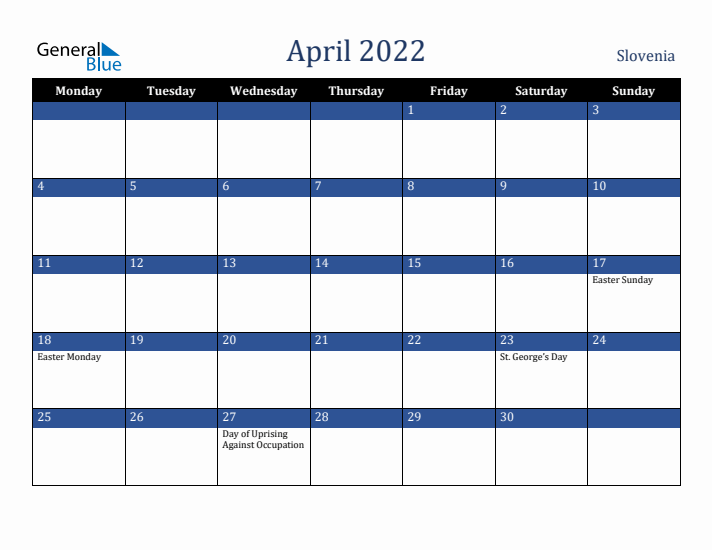 April 2022 Slovenia Calendar (Monday Start)
