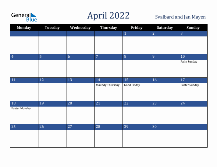 April 2022 Svalbard and Jan Mayen Calendar (Monday Start)