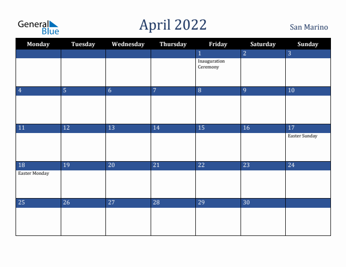 April 2022 San Marino Calendar (Monday Start)