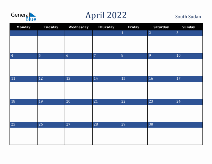 April 2022 South Sudan Calendar (Monday Start)
