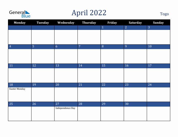 April 2022 Togo Calendar (Monday Start)