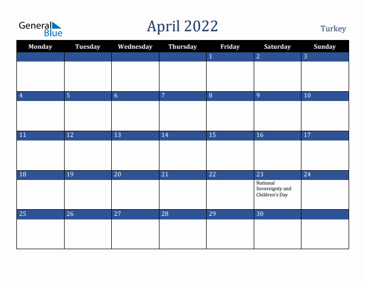 April 2022 Turkey Calendar (Monday Start)