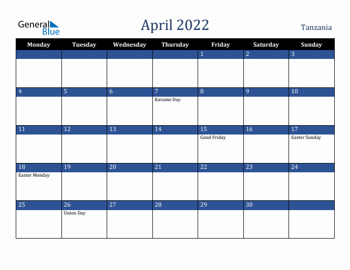 April 2022 Tanzania Calendar (Monday Start)