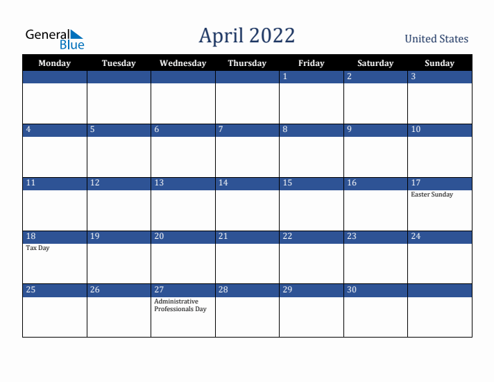 April 2022 United States Calendar (Monday Start)