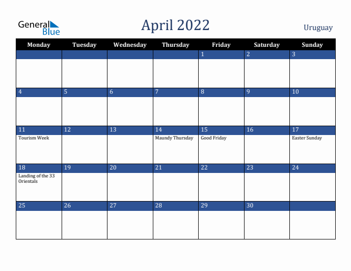 April 2022 Uruguay Calendar (Monday Start)